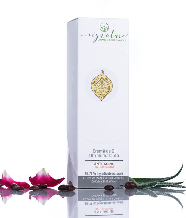 Hydrating Day Cream for Greasy and Mixed Skin with Mango Butter, Peony-, Coffee and Aloe Vera Extracts - 50 ml
